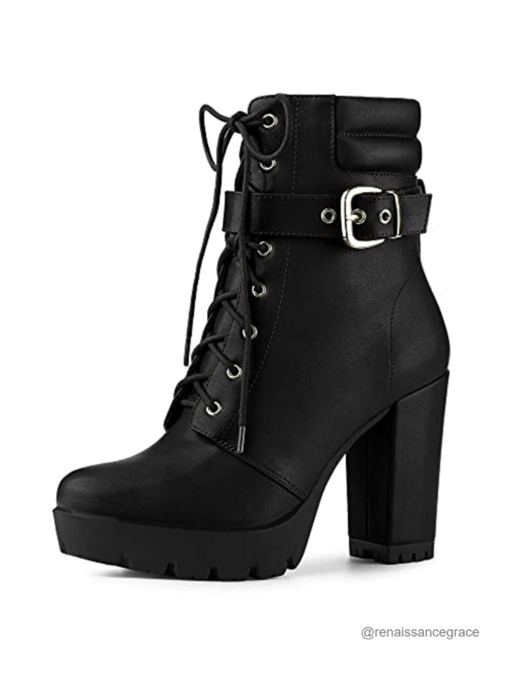 Faux Leather Platform Ankle Boots Lace Up Block Heel Combat Boots